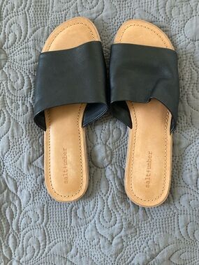 Salt + Umber Women's Black Slide Sandals with Tan Footbed